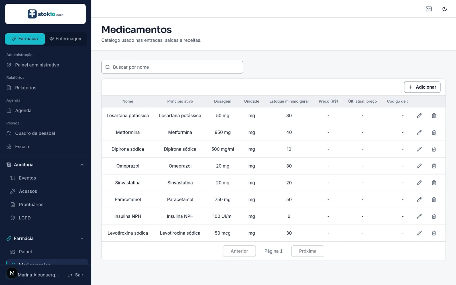 Catálogo de medicamentos com princípio ativo, dosagem e estoque mínimo