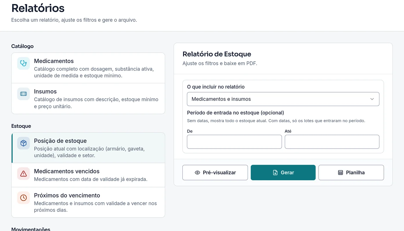 Relatório de estoque com filtros e os botões pré-visualizar, gerar e planilha